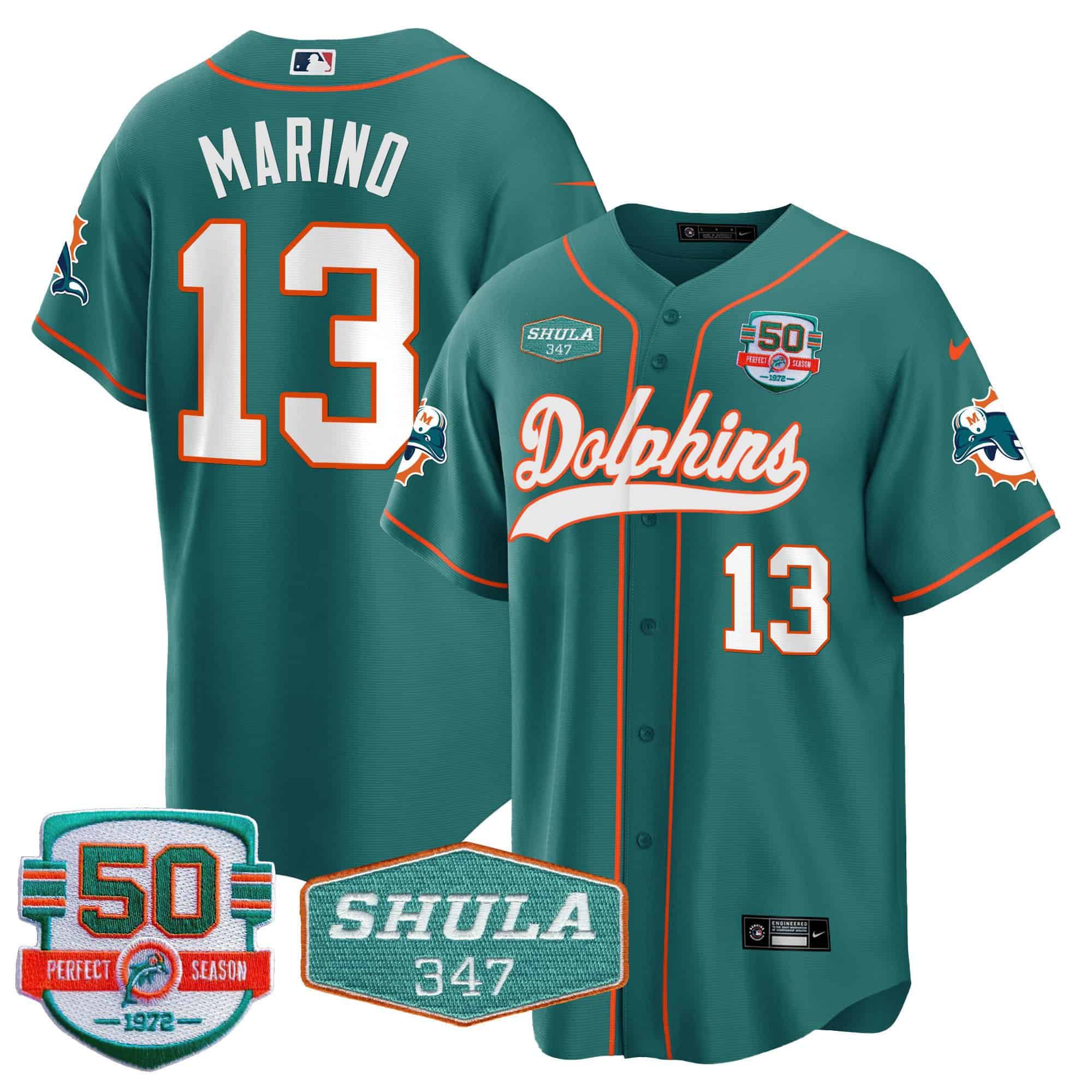 Men Miami Dolphins 13 Marino Green 2024 Nike 50th Don Shula Memorial Patch Baseball NFL Jersey style 1